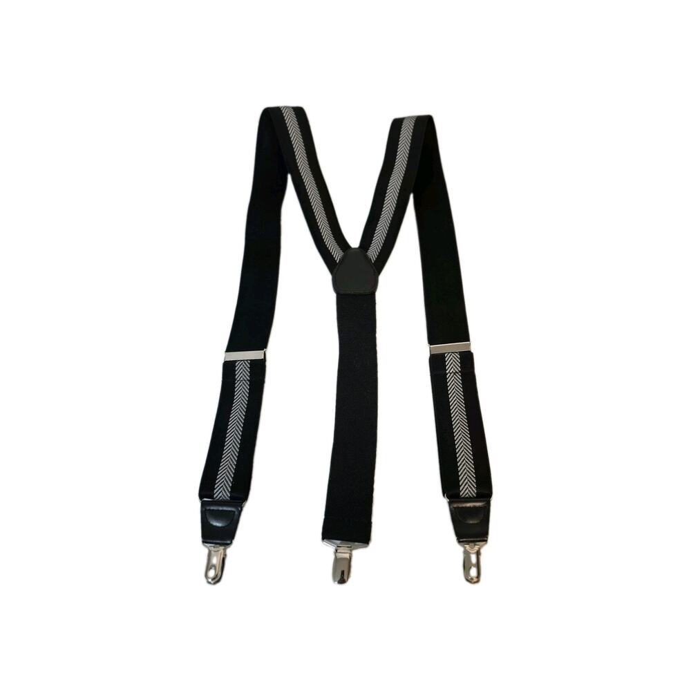 Suspenders Mens Y Back Silver Metal Clip On Black Chevron Adjustable 1.5"